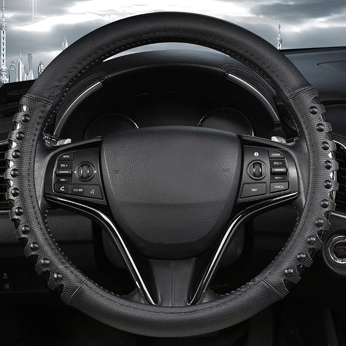 West Llama Microfiber Leather Car Steering Wheel Cover for Men Women,Universal Fit 14.5-15 inch(Leather Nails-Black-Standard Size)