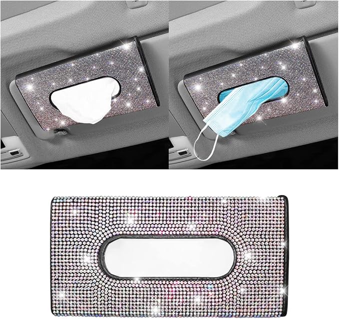 Bling Car Sun Visor Tissue Box Holder, Rhinestone PU Leather Crystal Sparkling Napkin Holder, Backseat Paper Towel Cover Case Car Accessories for Women (Multicolor)