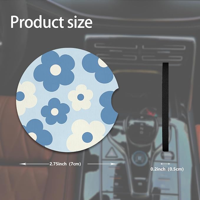 2pcs Cute Flowers Car Coasters,Absorbent Universal neoprener Cup Holder Coasters with a Finger Notch,Car Accessories for Women&Man Interior，2.75" 1