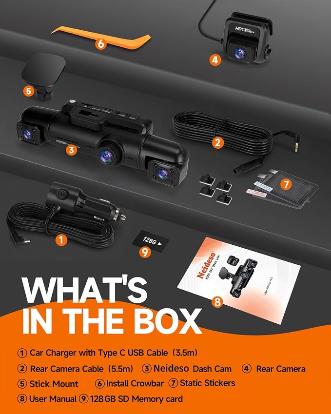 Neideso 360° Dash Cam Front and Rear Inside, 4 Channel Dash Camera for Car | Free 128GB Card, 5GHz WiFi, 4K Dashcam, GPS, Night Vision 3.0, Voice Control, G-Sensor, OTA Upgrade, 24H Parking Mode(N300)