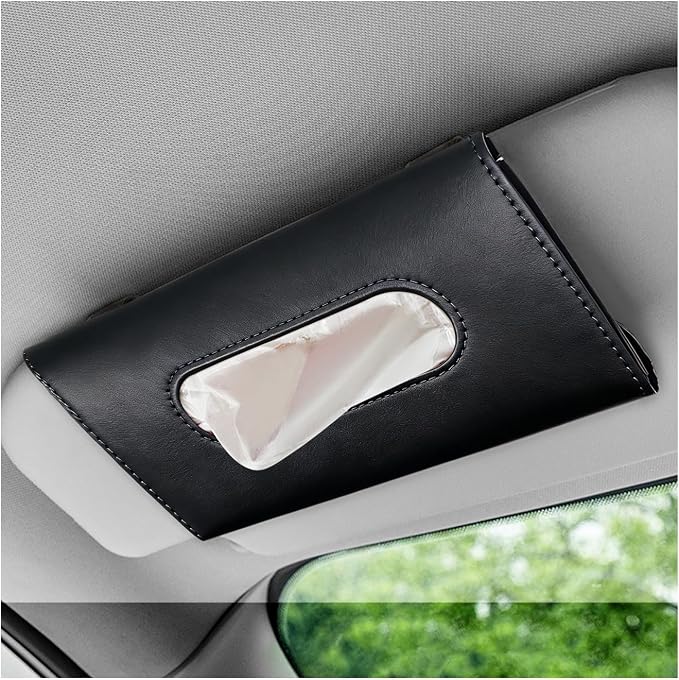 Car Visor Tissue Holder, Premium Leather Sun Visor Napkin Organizer with Tissue Refill, Universal Backseat Napkin Case Sunvisor Mask Holder for Cars SUVs Trucks RVs (Black)
