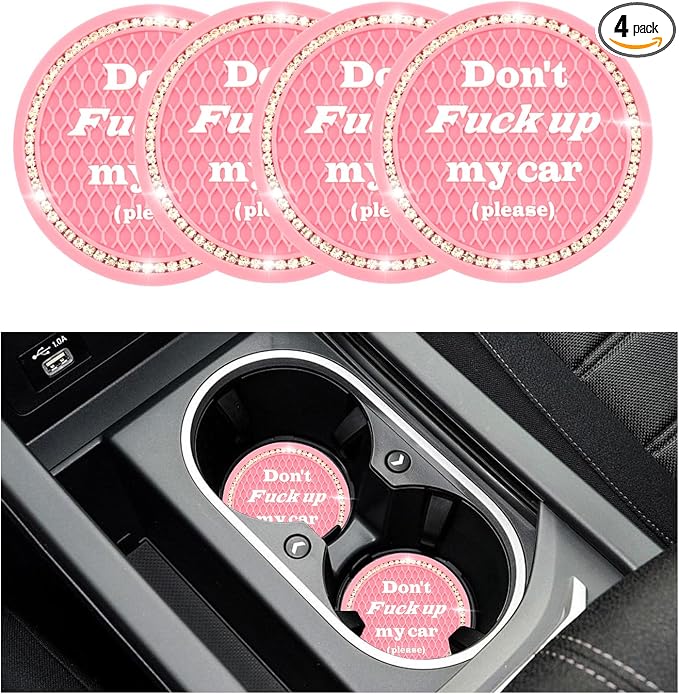 4 PCS Bling Car Cup Coaster, 2.75 Inch Anti-Slip Cup Holder Insert Coasters, Universal Crystal Rhinestone Auto Drink Car Cup Mat, Interior Car Accessories for Women Girls (Pink)
