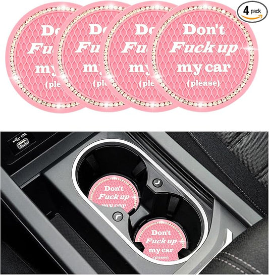 4 PCS Bling Car Cup Coaster, 2.75 Inch Anti-Slip Cup Holder Insert Coasters, Universal Crystal Rhinestone Auto Drink Car Cup Mat, Interior Car Accessories for Women Girls (Pink)