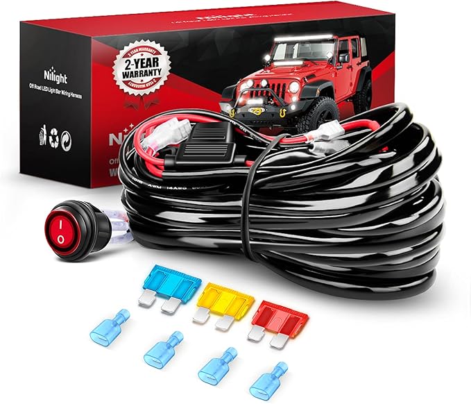 Nilight LED Light Bar Wiring Harness Kit - 2 Leads 14AWG Heavy Duty 12V On Off Switch Power Relay Blade Fuse for Off Road LED Work Light