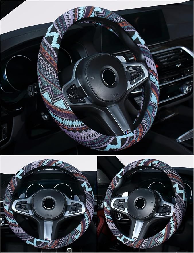 Ethnic Style Coarse Flax Cloth Automotive Steering Wheel Cover Anti Slip and Sweat Absorption Auto Car Wrap Cover (M, 14.5''-15'')
