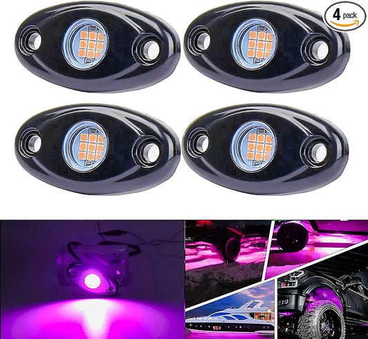 Purple Pink Underglow Led Rock Lights for Car Wheel Well Lights 12V 4 Pods | Waterproof Underbody Kit Crawler Crawling Dome Exterior Lamps for ATV RZR UTV SUV Off-Road Motorcycle Glow Trail Rig Fender