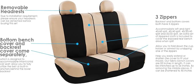 FH Group Full Set Light and Breezy Car Interior Covers-Front and Rear Split Bench Beige Seat Covers,Universal Fit for Cars, Trucks and SUVs