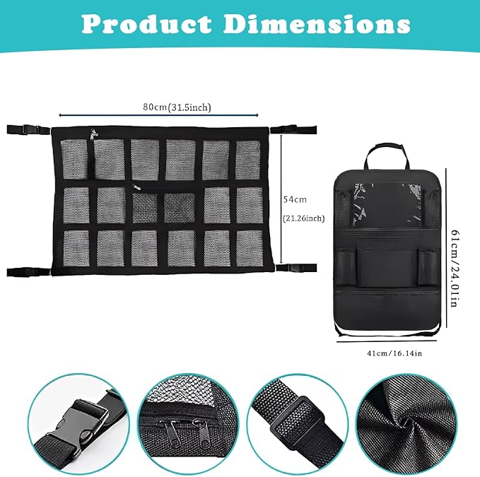 Car Ceiling Cargo Net with Backseat Organizer, Anti-Fall Ceiling Mesh Storage Organizer, Double Layer Cargo Net, Heavy Duty Load Capacity Roof Net Inside Car, Easy-to-Install & Reduce Sagging.