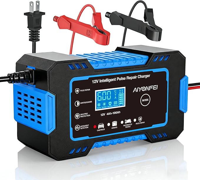 12V 6-Amp Battery Charger, Smart Trickle Charger & Maintainer Blue | Battery Desulfator, Winter & Summer Mode, Lead-acid Battery Chargers, for Car Truck Motorcycle Lawn Mower Boat