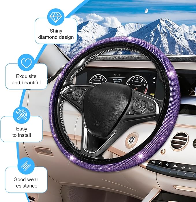8PCS Bling Car Accessories Set, Sparkly Rhinestone Vehicle Steering Wheel Seat Belt Gear Shift Start Stop Button Cover, Diamond Auto Cup Holder Coaster Decoration, Universal Fit (Purple)
