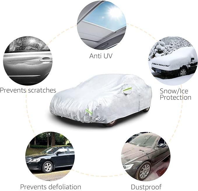 Amazon Basics Silver Weatherproof Car Cover, 150D Oxford, UV Protection, Snowproof, Dustproof for Sedans up to 190", with Reflective Strips and Straps