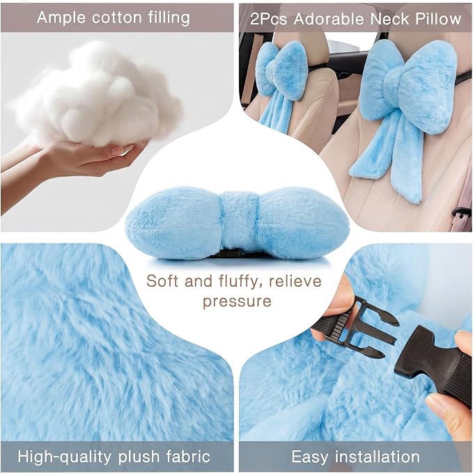 Macarrie 2 Pcs Car Neck Pillow Plush Butterfly Bow Car Headrest Pillow Comfortable Seat Neck Support Cute Head Rest Accessories for Driving Travel Driver Chair Girl Interior Decor (Blue,Solid)