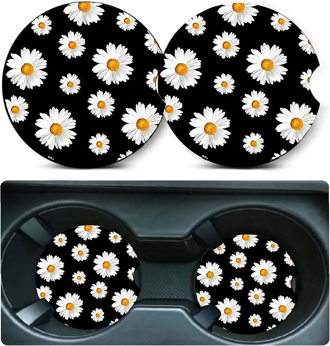 2 Pack White Daisy Car Cup Holder Coasters Universal Neoprene Coasters | 2.75" Universal Size Anti Slip Rubber Mat,Auto Cup Holder Decor Accessories for SUV Truck,Daisy Gifts for Women Men Mom