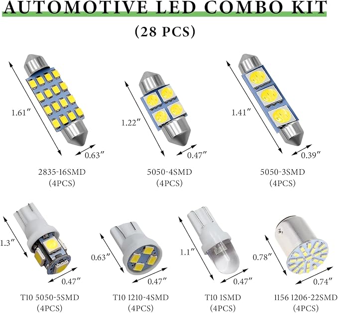 28 PCS LED Interior Car Lights, Super Bright White Interior Bulb Set for Vehicle Map Dome Cab Tail License Plate Lights, T10 31mm 36mm 41mm 194 LED Replacement Bulb Kit
