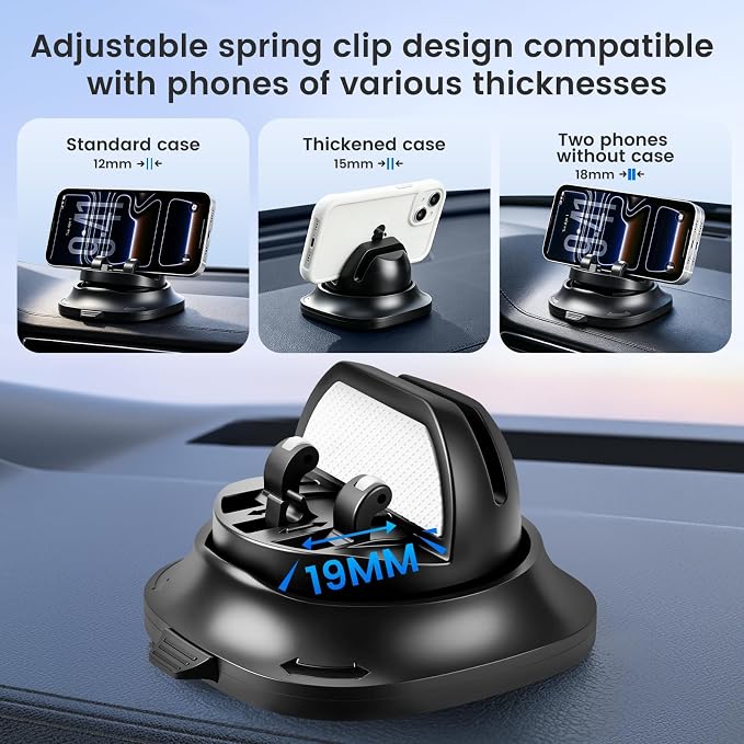 Car Phone Holder Dashboard Phone Mount for Car 360 Degree Rotation Silicone Non-Slip for Various Dashboards,Adjustable Spring Clip Desk Phone Stand Compatible with All Smartphones