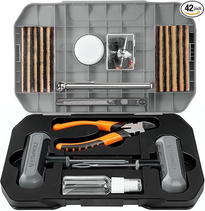 ETENWOLF Tire Repair Kit 42 Pcs, Heavy Duty Tire Plug Kit to Fix Punctures | Tire Repair Tool with Plugs for Car, Motorcycle, ATV, Jeep, Truck, Tractor, Gifts for Him Her Men Women, Grey