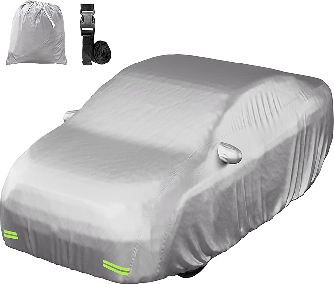 Mockins 185"x70"x60" Small Sedan Car Cover for Snow Frost UV & Light Rain | All Weather 190T Polyester Outdoor & Indoor Car Covers for Automobiles | Water-Resistant Full Exterior Covers with Strap