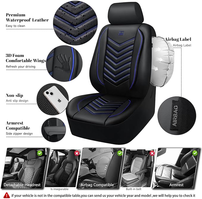 CAR PASS 3D Foam Faux Leather Seat Covers Full Set, Waterproof Leather Seat Cover for Cars, Luxury Universal Fit for SUV Truck Sedan Automotive, Armrest Airbag Compatible Anti-Slip, Black and Blue