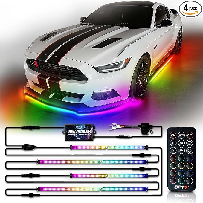 OPT7 Aura DreamColor Underglow Chasing Light Kit with APP & Remote Control | Rainbow Light Effects, RGB-IC LED Strips, 12V Neon Accent Lighting, Waterproof Exterior Underbody Accessories, Universal Fit