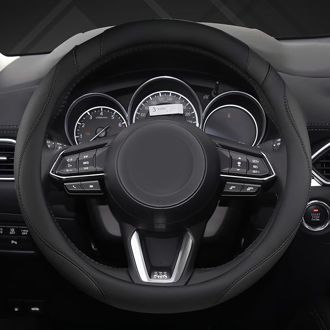West Llama Car Steering Wheel Cover for Mazda 3,5,6,CX-3,CX-5,CX-30,CX-50,CX9,CX-9,MX-5 Miata,CX-7,RX-8,14.5-15 inches(Black-Standard Size)