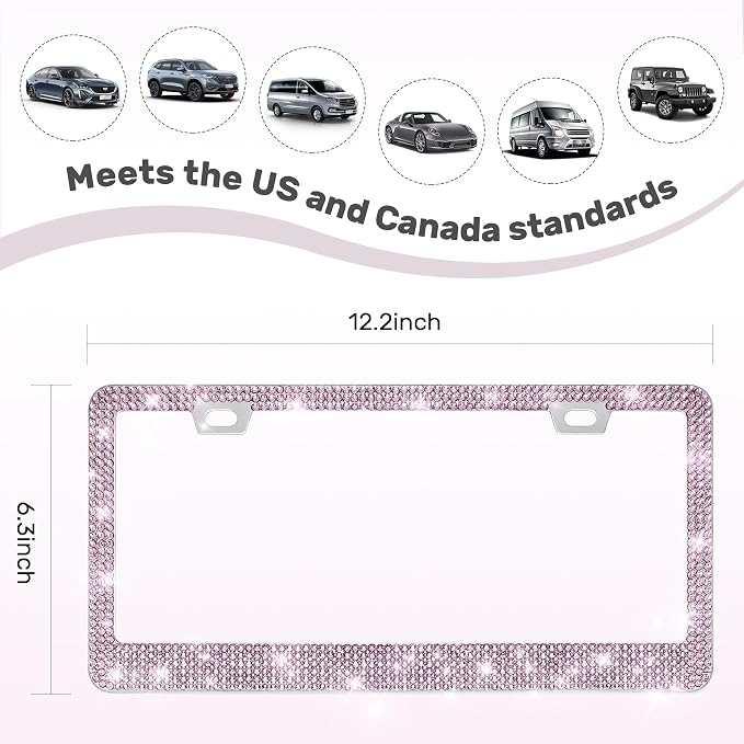 QUANQIUFEI 2 Pack Bling License Plate Frames, Sparkly Rhinestone Diamond Car License Plate Cover for Women, Stainless Steel Car Accessories with Glitter Crystal Caps (Light Amethyst)