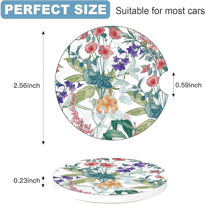 Car Cup Holder Coaster Set of 2, 2.56 in Ceramic Coasters, Scratch-Resistant Cork Backing, Finger Groove Design for Easy Placement, Cute Car Accessories Interior for Women (Trumpet Flower)