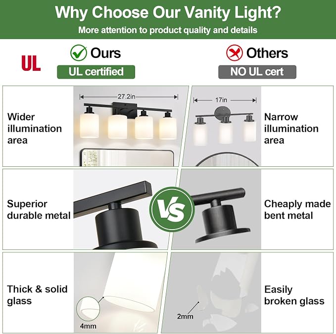 MOKATNG 4-Light Bathroom Light Fixtures, Vanity Light with Milky White Shades, Matte Black Bathroom Light Fixtures Over Mirror, Modern Bathroom Wall Lamp for Mirror Living Room Cabinet Bedroom
