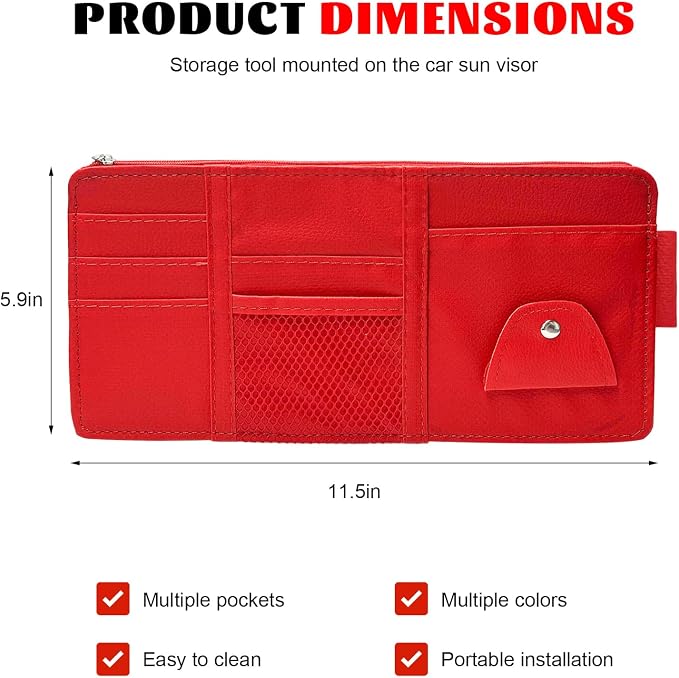 Car Sun Visor Organizer, Multifunctional Auto Visor Storage Bag with Net Pocket & Eyeglass Clamp, Waterproof Multi-Pocket Storage Pouch Ticket Organizer for Car Sun Visors (Red)