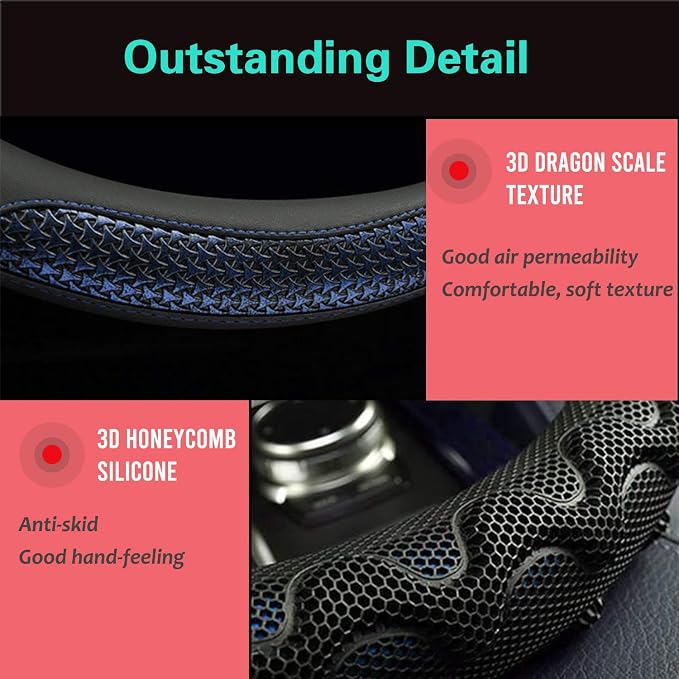 PINCTROT Large Size Steering Wheel Cover Great Grip with 3D Honeycomb Anti-Slip Design, 15.5-15.75 Inch (Blue)