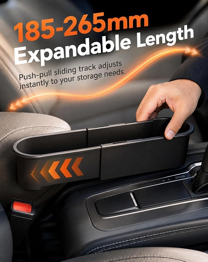 Expandable Car Seat Gap Filter Organizer, Adjustable 185-265mm | Universal front seat console side pocket, sliding gap storage box, fits phone keys wallet, seat gap filler, stop drops