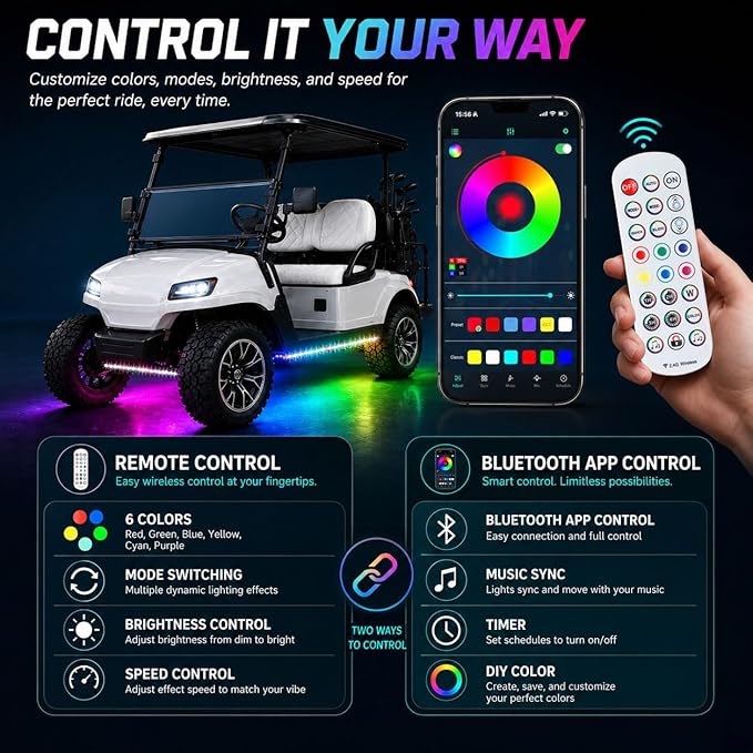 Roykaw Golf Cart LED Strip Lights, Underglow Neon Light Kit Compatible with EZGO/Club Car/Yamaha and Most Brands Golf Carts, Waterproof/LED Decorative Lights/Multi-Dynamic Modes, 4PCS