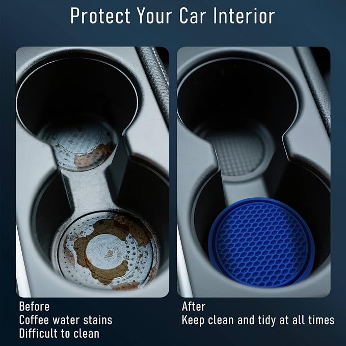Car Cup Holder Coaster 4 Pack - Non Slip & Shockproof,Flexible PVC Rubber Insert for Car/Truck/SUV/Van (2.75"x0.2") Universal Fit Auto Cup Holders Accessories for Women and Man (Blue)