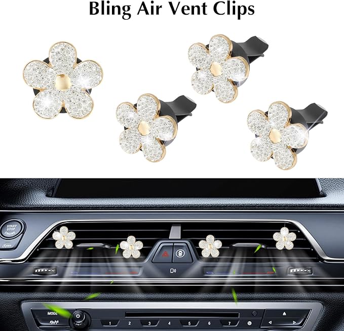ARTILAURA 11 PCS Bling Car Accessories Set for Women Steering Wheel Covers Butterfly Hanging Seat Belt Cover Cute Air Vent Clips Coasters Glitter Diamond AUTO Interior kit (White)
