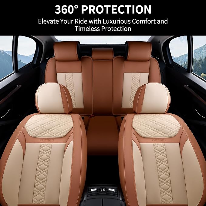 FLORICH Seat Covers, Atomutive Car Seat Covers Full Sets, Waterproof Seat Cover for Cars, Luxury Leather Universal Seat Cover Accessories Fit for Most Cars SUV Truck Sedans(Beige)