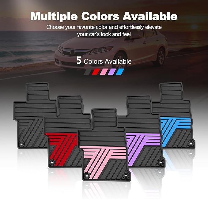 Rubber Floor Mats for Honda Civic Sedan 2012-2015 (Not for Coupe) | All Weather Heavy Duty Car Mats Fit for Civic, 1st & 2nd Row, Black & Pink