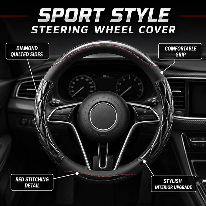 Couslcd 14.5-15 Inch Leather Steering Wheel Cover with Soft Padded Lining, Anti-Slip Comfort Grip, Universal Steering Wheel Protector for Most Cars, SUVs, Trucks (Black)