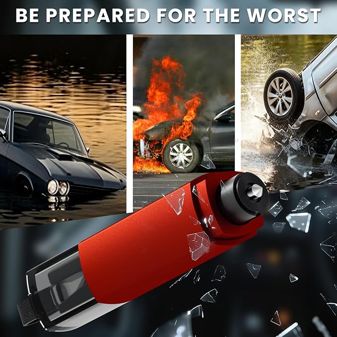 4PCS Window Breaker Seatbelt Cutter Car Safety Hammer, 2-in-1 Glass Breaker and Seat Belt Cutter with Test Glass, Underwater Emergency Escape Tool for All Vehicles (Red)