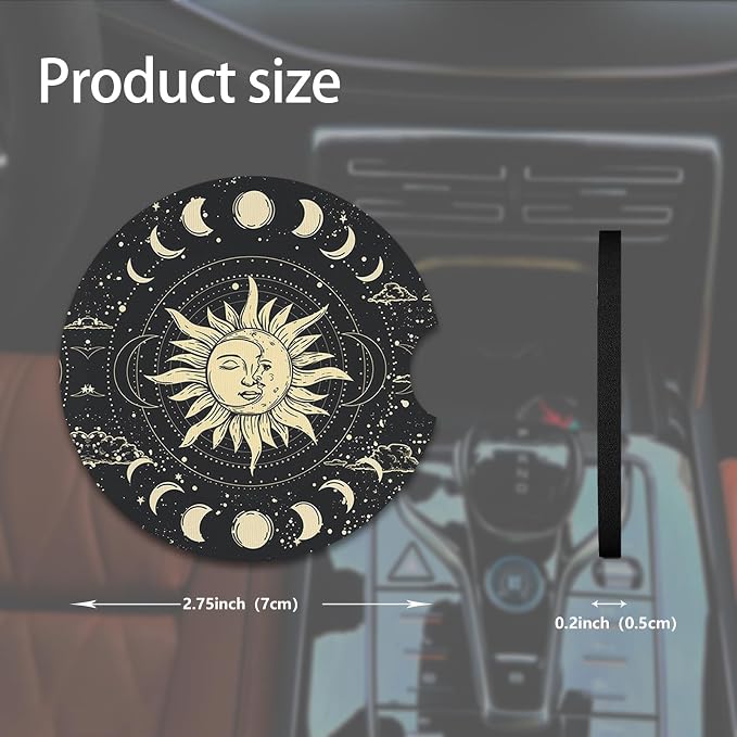 2pcs Sun Moon Stars Car Coasters,Absorbent Universal neoprener Cup Holder Coasters with a Finger Notch,Car Accessories for Women&Man Interior，2.75"