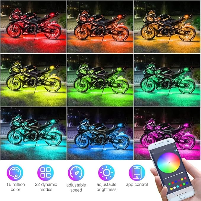 YUGUANG 12PCS Motorcycle Underglow Kit, Motorcycle Lights Underglow Kit with APP Control Multi-Color Music Sync Waterproof RGB Under Glow for Motorcycles
