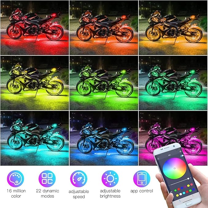 8PCS Motorcycle Underglow LED Light Kit, App Control Multicolor Motorcycle LED Light Kit Music Sync RGB Strips Light Waterproof Compatible with Harley Davidson Honda Kawasaki Suzuki