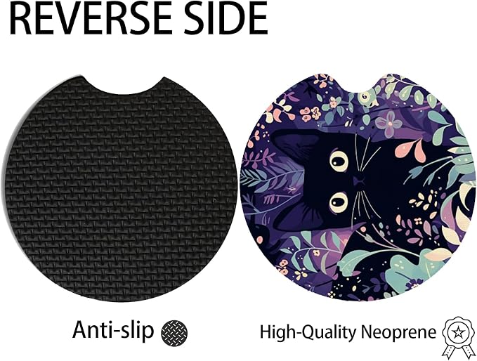 2pcs Cute Black Cat Car Coasters,Absorbent Universal neoprener Cup Holder Coasters with a Finger Notch,Car Accessories for Women&Man Interior，2.75" 1
