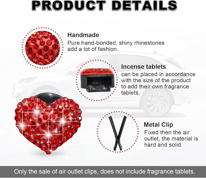 2Pcs Car Air Vent Clip, Bling Crystal Heart Charms Car Air Vent Clips, Air Conditioning Outlet Clip Decorative, Interior Decoration Accessories Universal for Women and Man (Red)