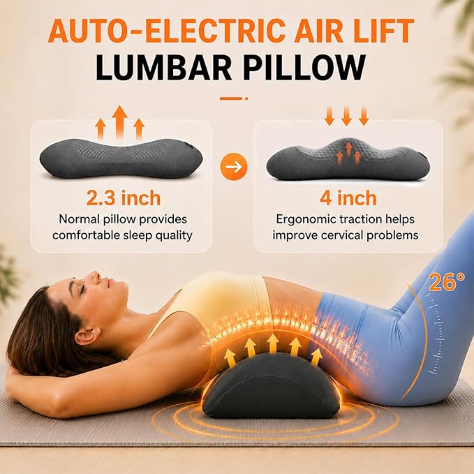 Upgraded 3-in-1 Triple Fusion Back Massager, Cordless Lumbar Support Pillow with Heat, Massage, Electric Stretch for Pain Relief, Lower Back Massager with 3000mAh Rechargable for Bed Office Chair Car
