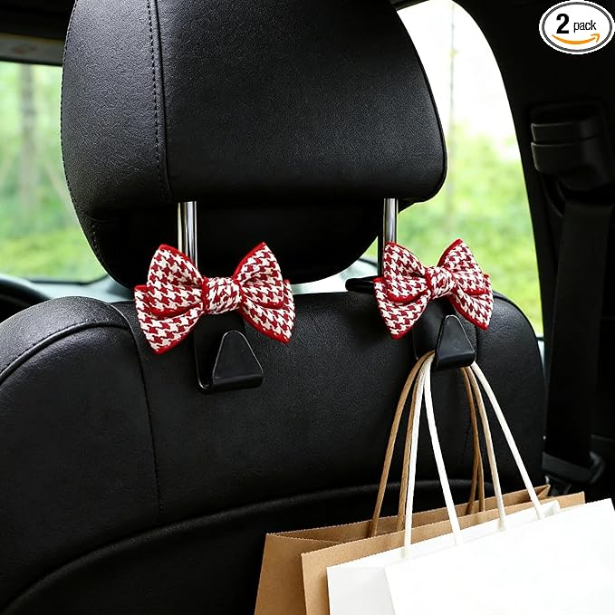 2PCS Car Seat Headrest Hooks, Car Purse Hook, Cute Bow Knot Vehicle Seatback Hanging Storage Organizer, Auto Seatback Decor Organizer Hanger for SUV Truck (Small Houndstooth/Red)