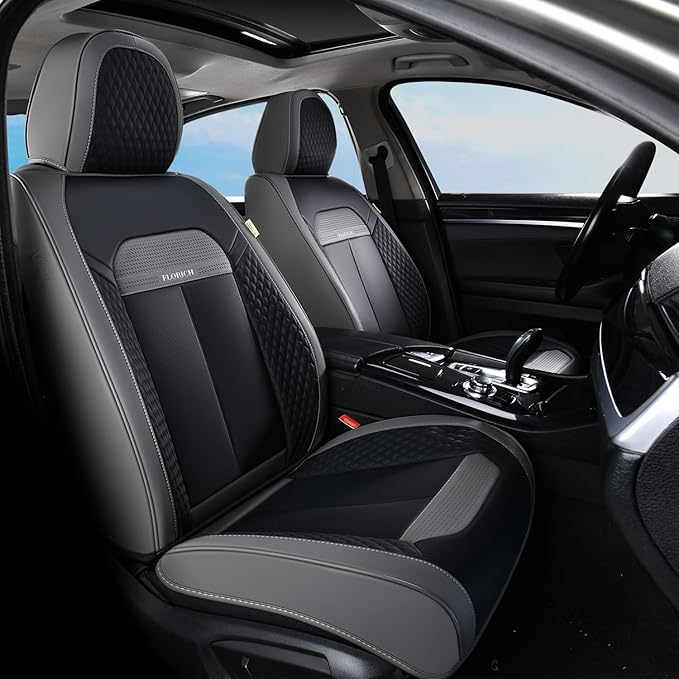 FLORICH 2 Pair Car Seat Covers, Luxury Leather Seat Covers Universal Anti-Slip Driver Seat Cover, Automotive Vehicle Seat Covers fit for Trucks Vans SUVs Sedans (2 Packs, Gary&Black)