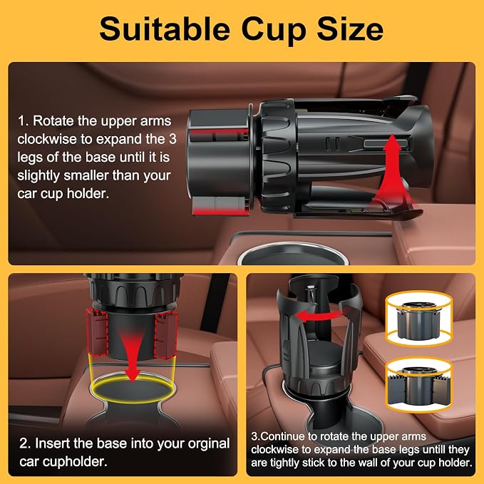Cup Holder Expander, Automatic Car Cup Holder Expander Holds Large Water Bottles, for Yeti, Stanley, Owala Travel Tumbler & Mugs, Adjustable Arms & Extendable Base Insert Accessories (CH03T, 2PACK)