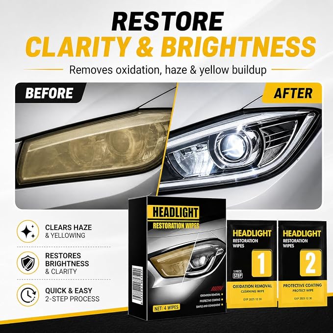 Headlight Restoration Wipes Kit – 2‑Step Headlight Cleaner & Protective Coating – Removes Yellowing & Oxidation, Restores Clarity & Shine – No Tools Needed – Quick DIY Headlight Lens Repair