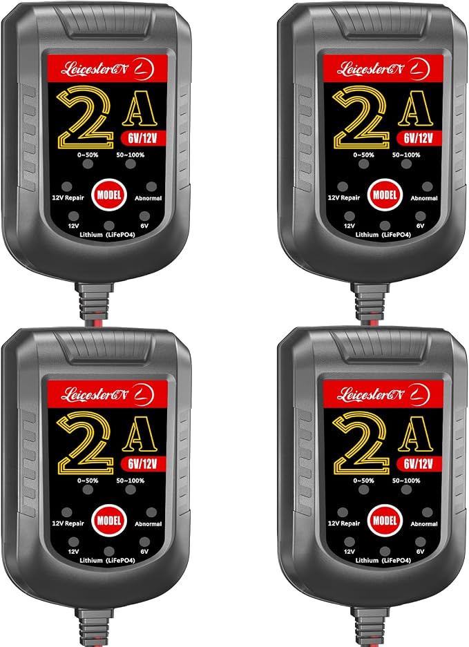4 Pack Battery Charger 2A 6V 12V, Trickle Charger and Maintainer with Pulse Repair, Automatic Float Charger for Car Motorcycle Boat Lawn Mower ATV RV, 10FT Cable, LiFePO4 Lithium AGM Gel Lead Acid