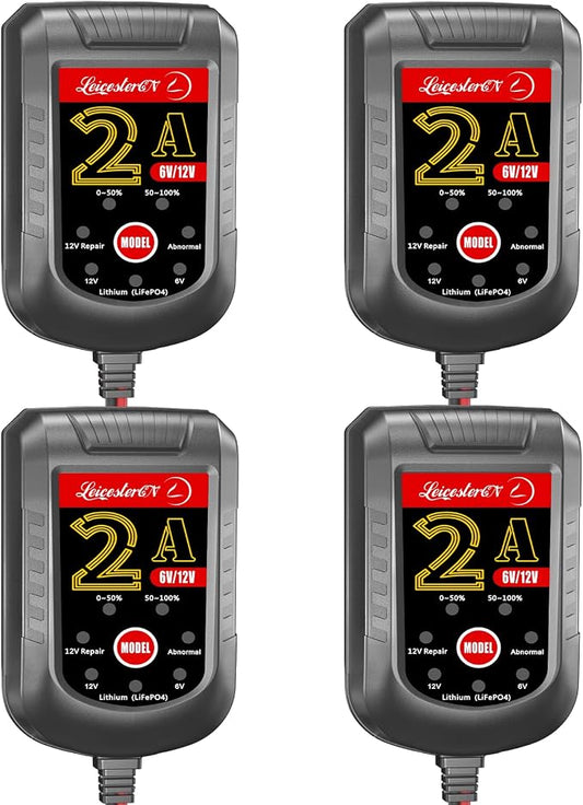 4 Pack Battery Charger 2A 6V 12V, Trickle Charger and Maintainer with Pulse Repair, Automatic Float Charger for Car Motorcycle Boat Lawn Mower ATV RV, 10FT Cable, LiFePO4 Lithium AGM Gel Lead Acid