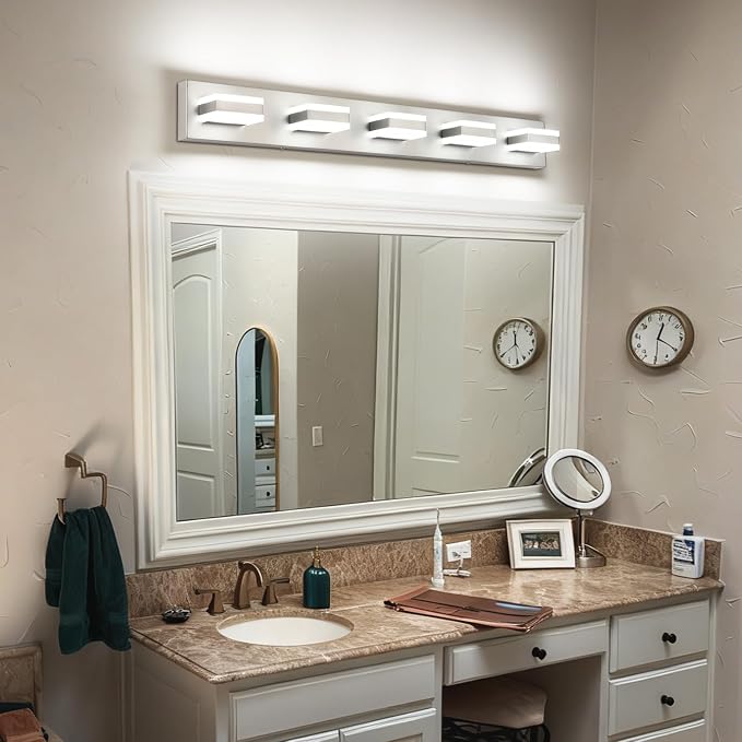 SOLFART Bathroom Brushed Nickel Bathroom Light Fixture, Vanity Lights Over Mirror, 5 Light Led Lights for Bathrooms,5 Color Temperature Adjustable Vanity Lights for Bath Nickel ETL Listed